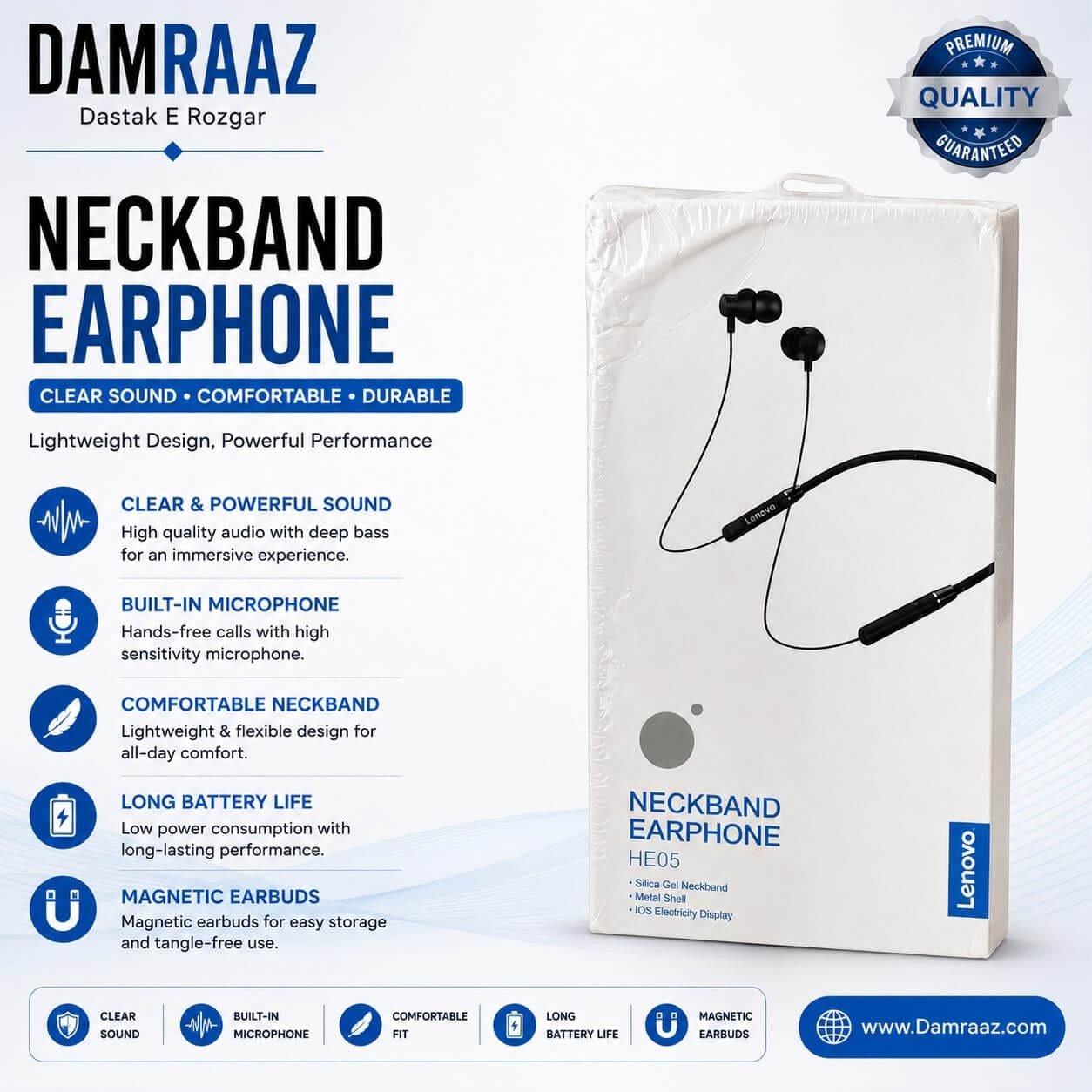Lenovo HE05 Neckband Earphone – Wireless Comfort