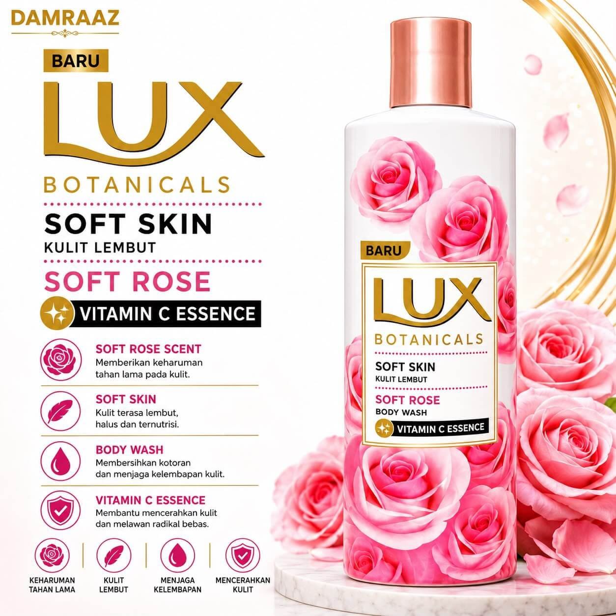 Lux Botanicals Soft Skin Soft Rose Body Wash with Vitamin C Essence