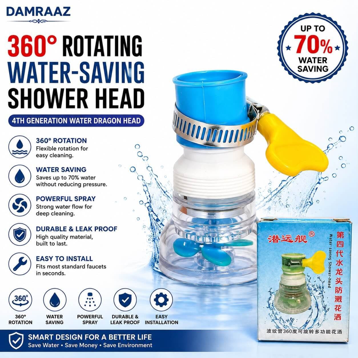 360° Rotating Water-Saving Shower Head – 4th Generation Water Dragon Head